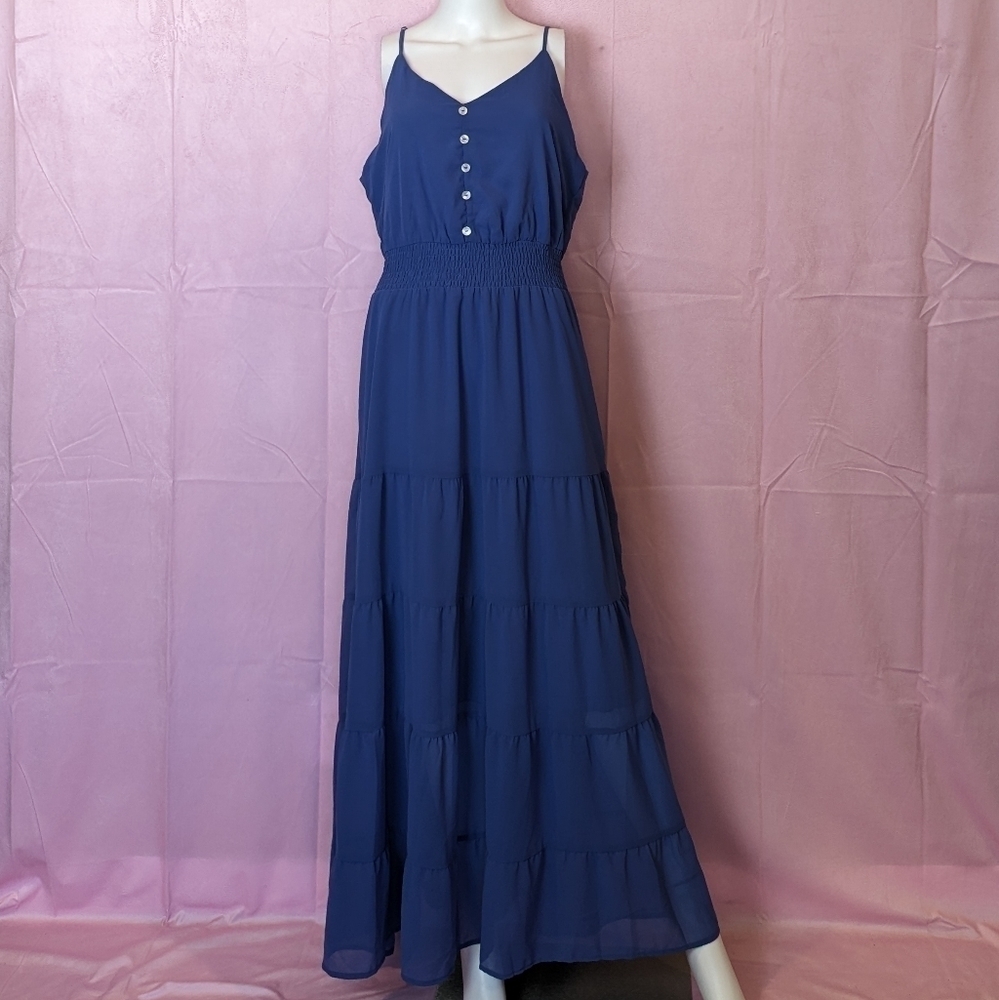 Blue V Neck Tiered Sleeveless Faux Button Bodice Maxi Dress size Large